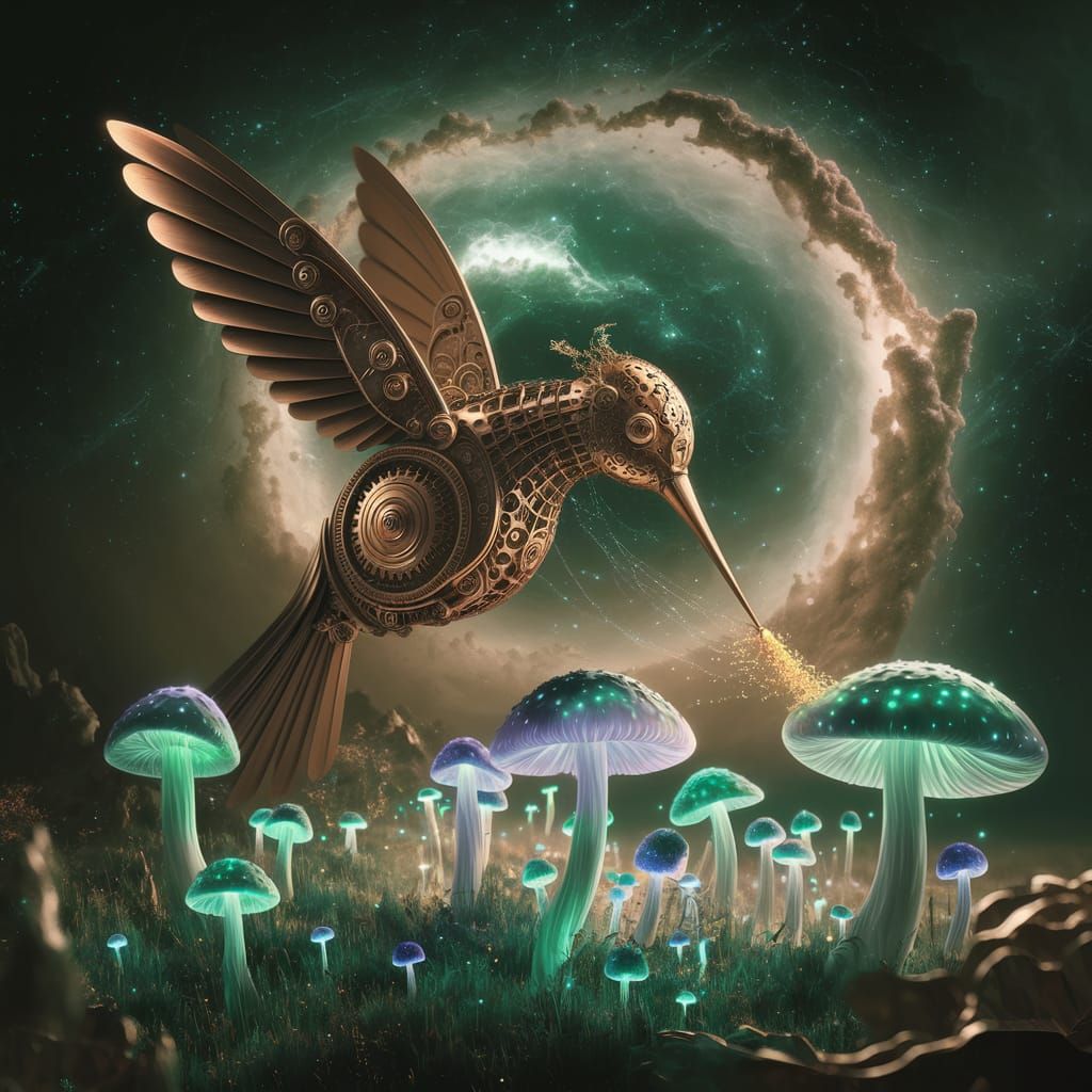 Glowing Clockwork Hummingbird in Vibrant Dreamscape