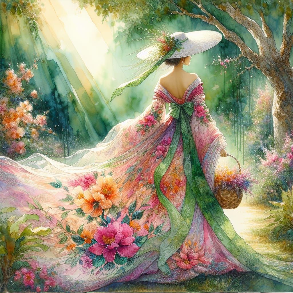 Woman in Floral Dress in Alcohol Ink Garden