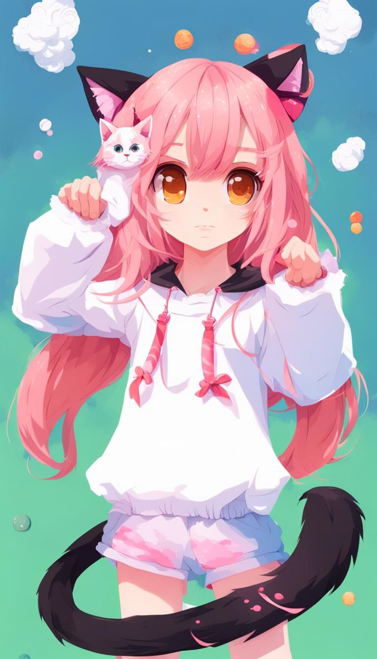 Girl with Pink Cat Ears and Tail, Manga Style