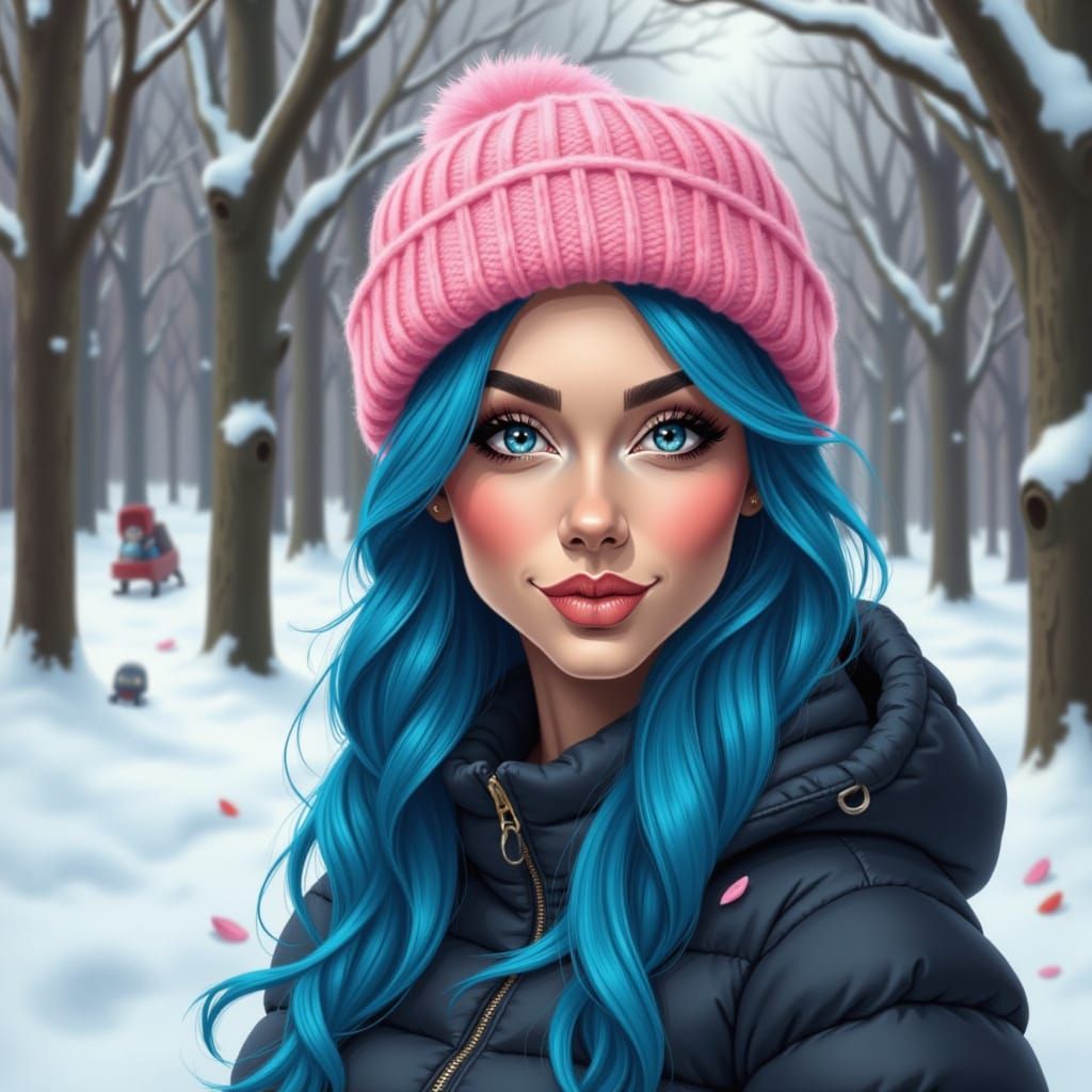 Realistic Blue Haired Woman in Winter Wonderland