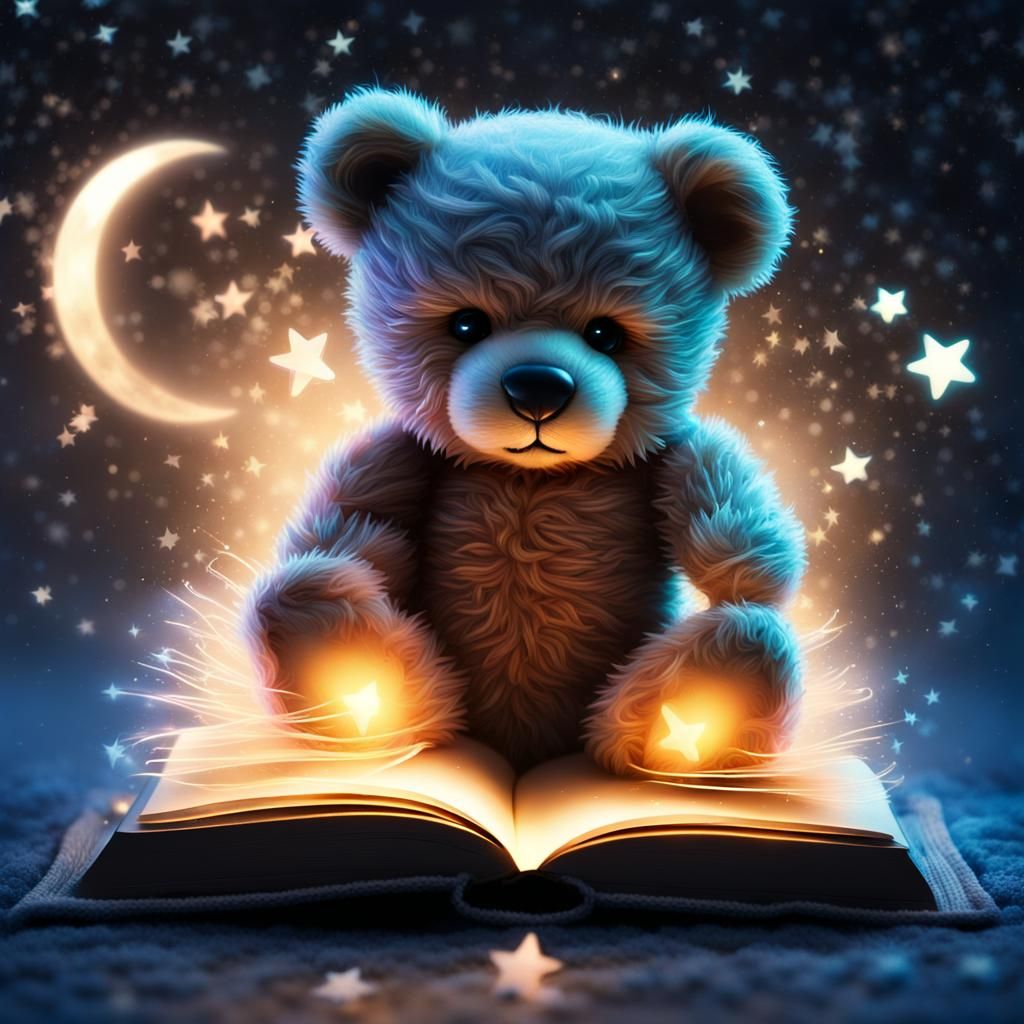 Bioluminescent Teddy Bear Emerges from Book in Fantasy Art