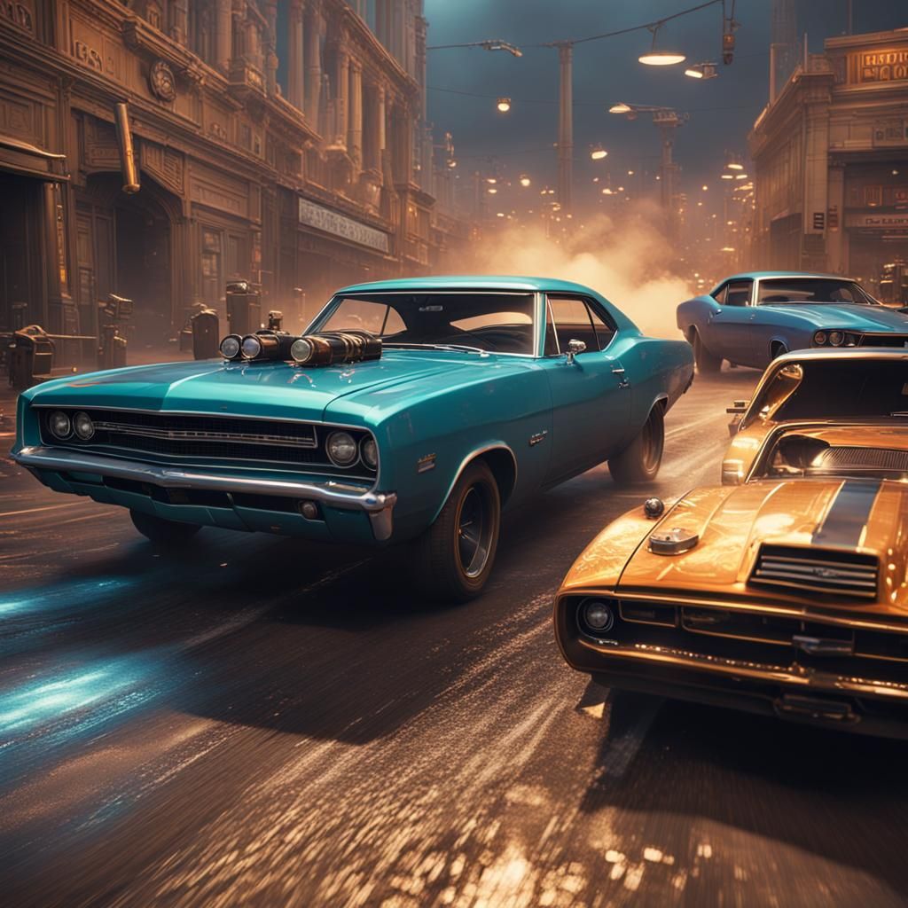 Muscle Car Chase Scene in Detailed Matte Painting