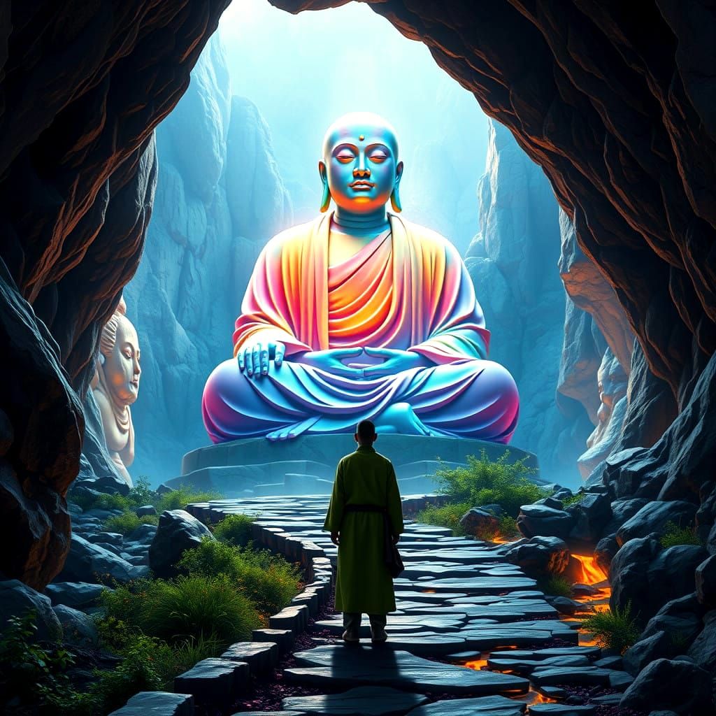 Ethereal Monk Statue in Majestic Cave, Radiant with Subtle G...