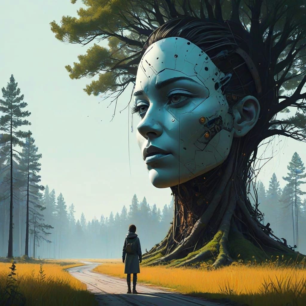 Intricate Human-Tree Hybrid in Minimalist Geometric Art