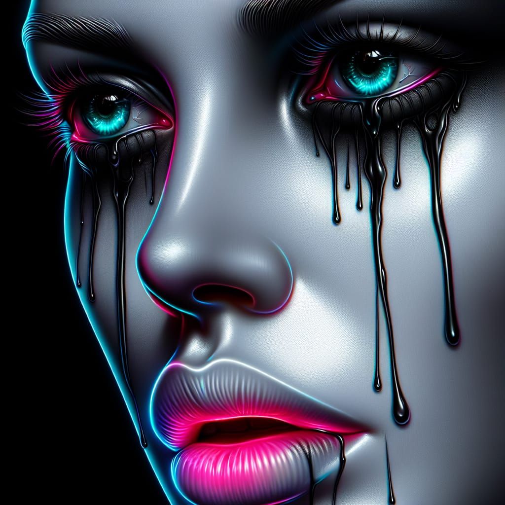 Porcelain Woman with Neon Lips and Ink Tears