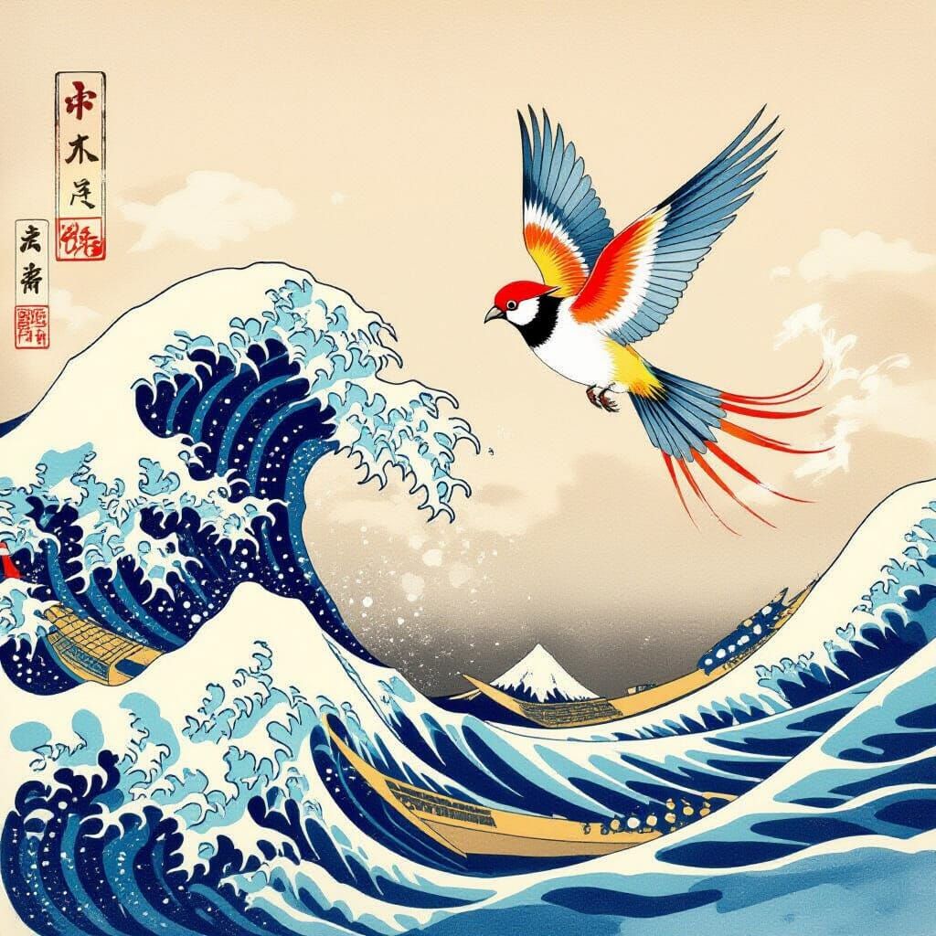 Parrots Flying Over Sea in Japanese Ink Style