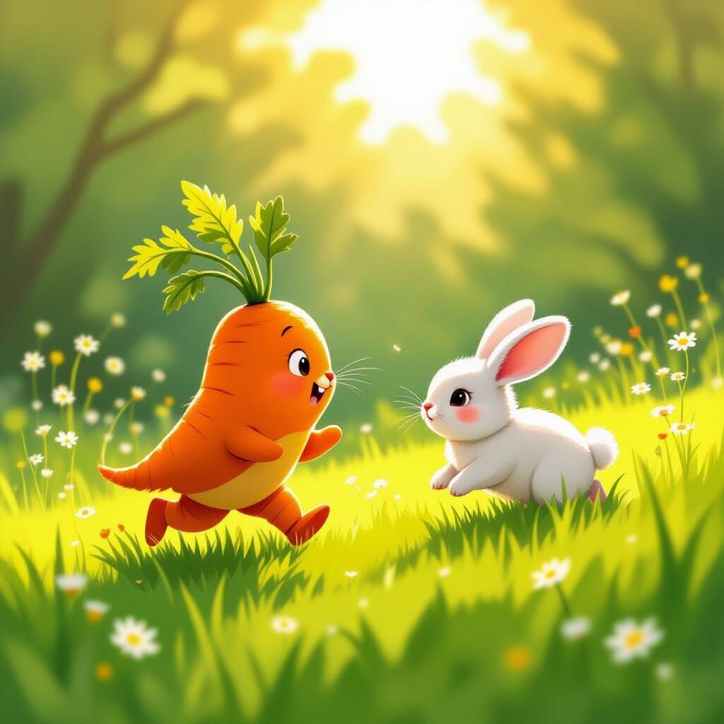 Whimsical Carrot Chases Rabbit in Golden Meadow