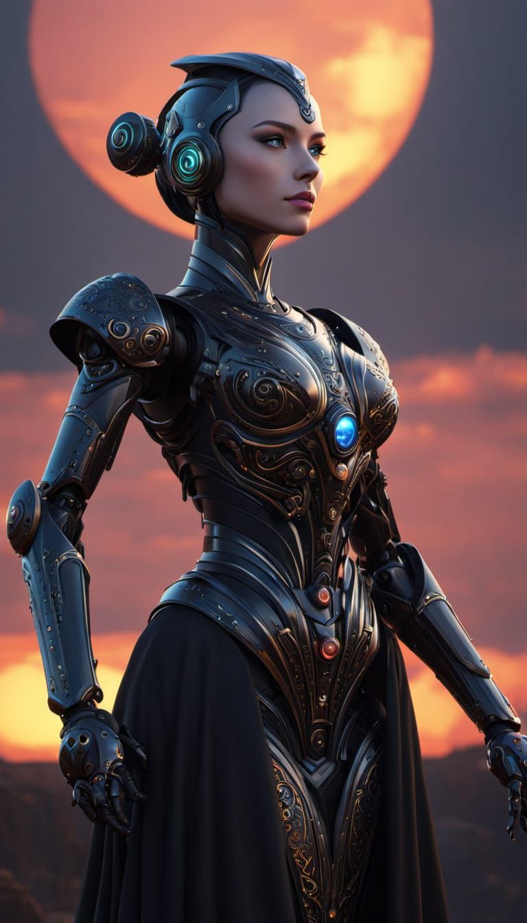 Elegant Robot in Black Gown at Sunset