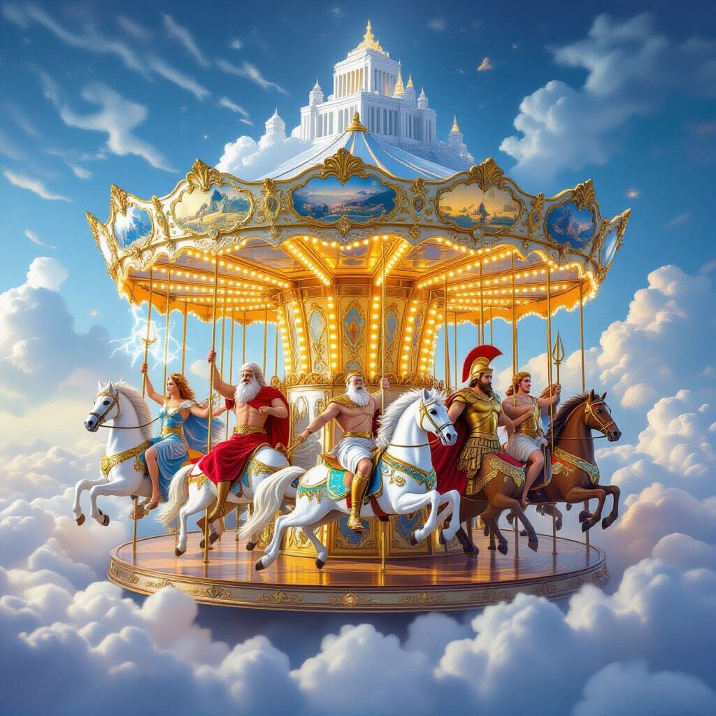 Magical Carousel with Greek Gods in Cosmic Fantasy Art