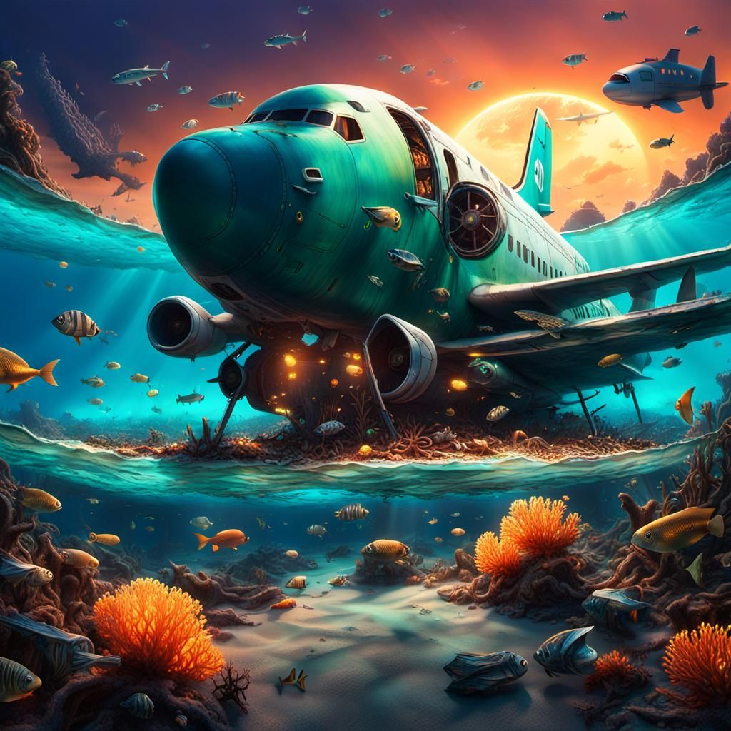 Deep Sea Airplane Wreck in Matte Painting Style