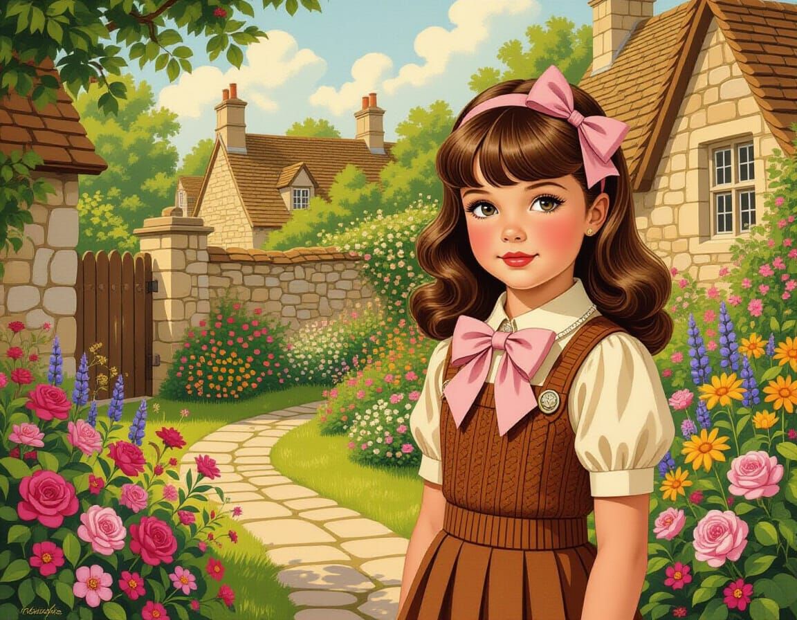 Girl in Lush Cotswold Garden, Nostalgic Whimsical Art