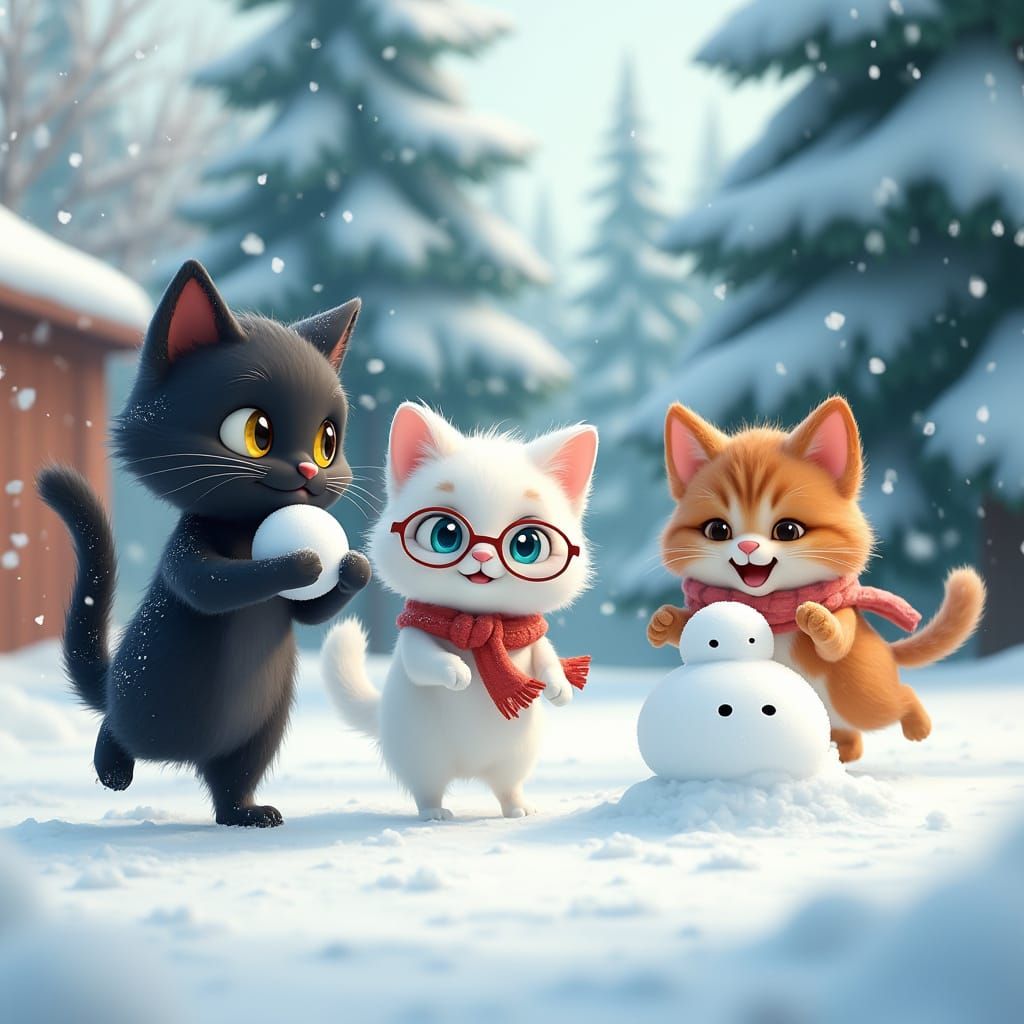 Frolicking Winter Feline Friends in a Snowy Playground
