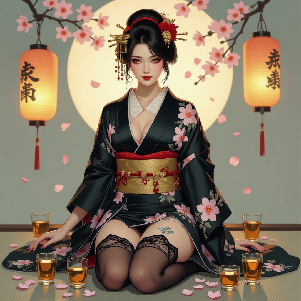 Japanese Courtesan in Lace Stockings, Art Nouveau Style