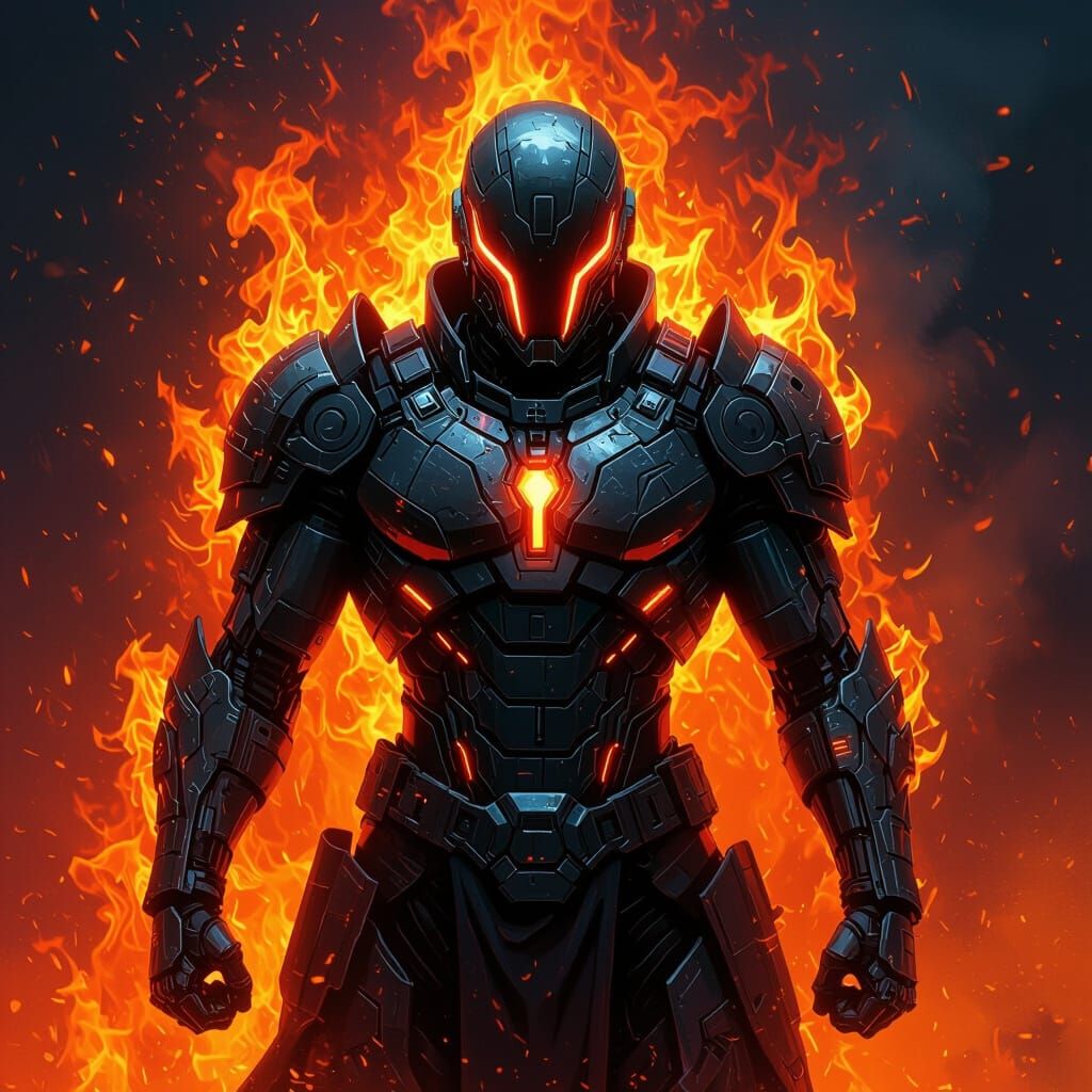 Cyborg Warrior in Flames, Futuristic Armor, Digital Painting