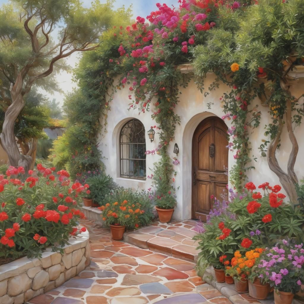 Charming Spanish Home with Bougainvillea in Watercolor Style