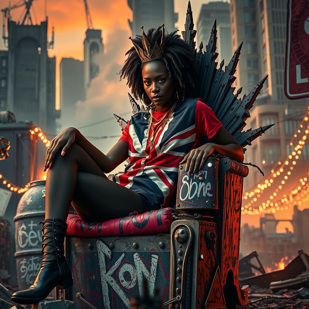 Dystopian Punk Queen on Throne in Vibrant Image