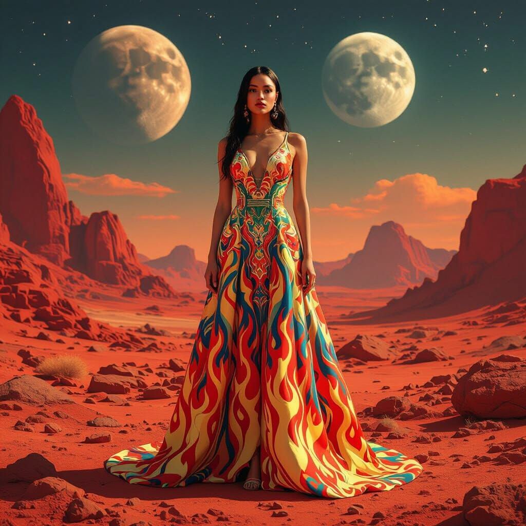 Benee in Fiery Dress on Alien Mars Landscape