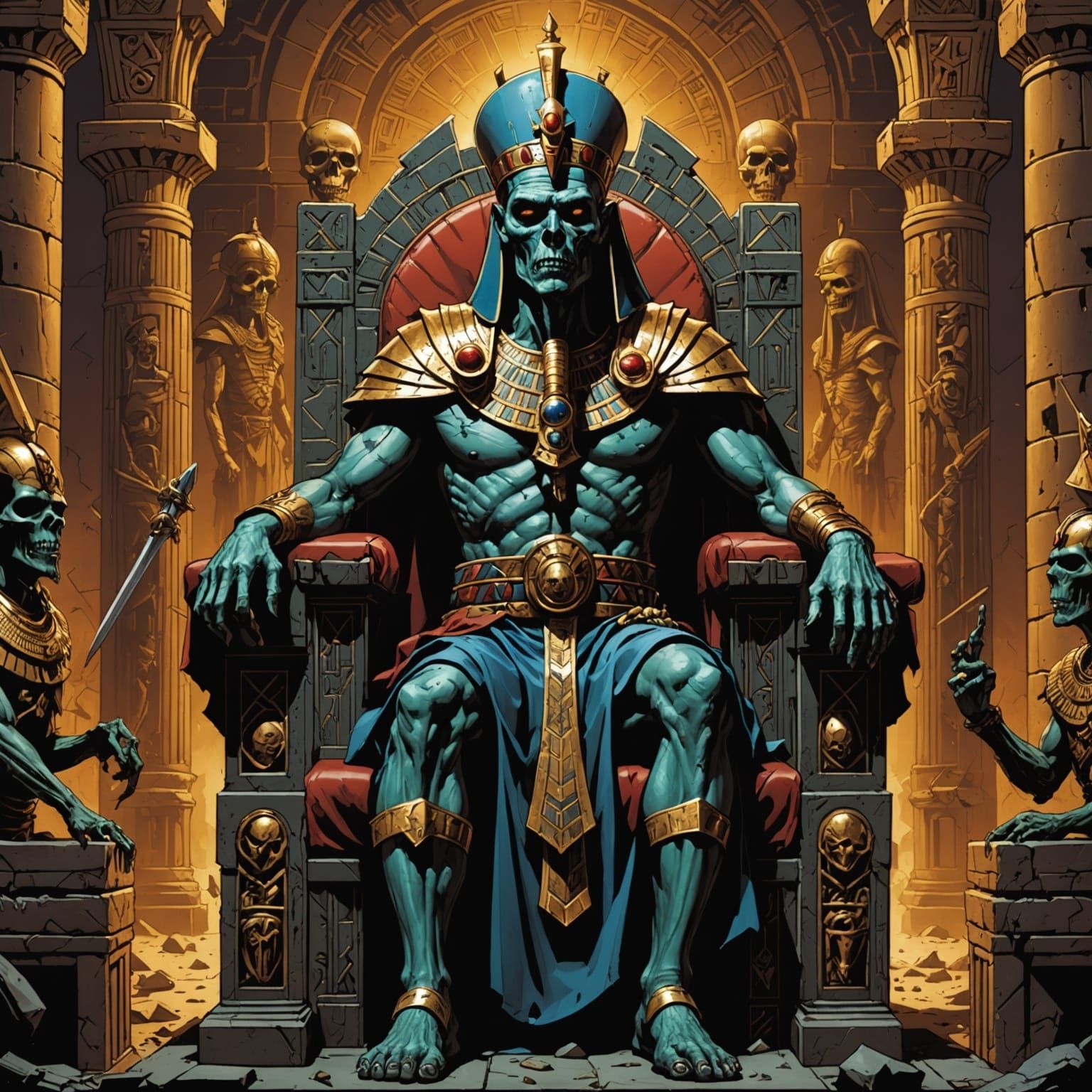 Zombie Pharaoh on Throne in Comic Book Art