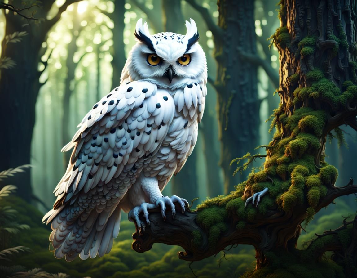 White Owl with Worm in Forest: Matte Painting