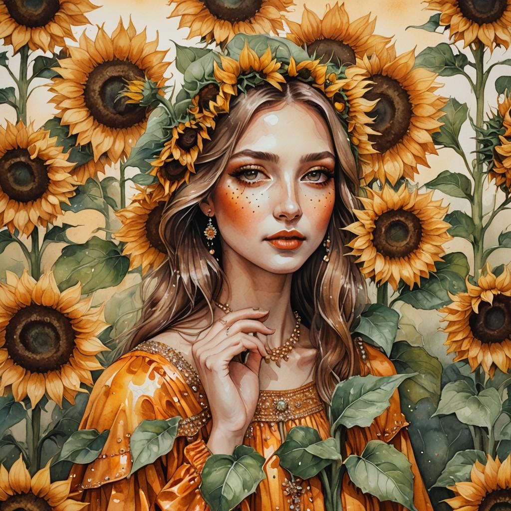 Sunflower Girl in Oil Painting with Jewels