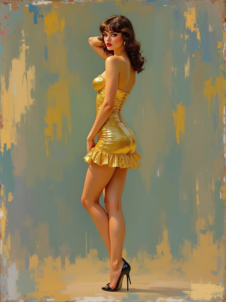 2030s Pin Up Woman in Metallic Gold Sundress