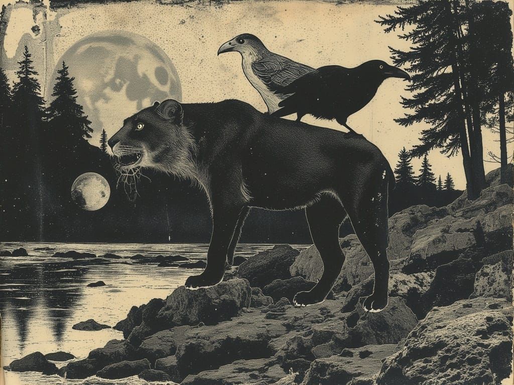 Surreal Sabertooth Cat Encounter in Whimsical Fine Line Ink