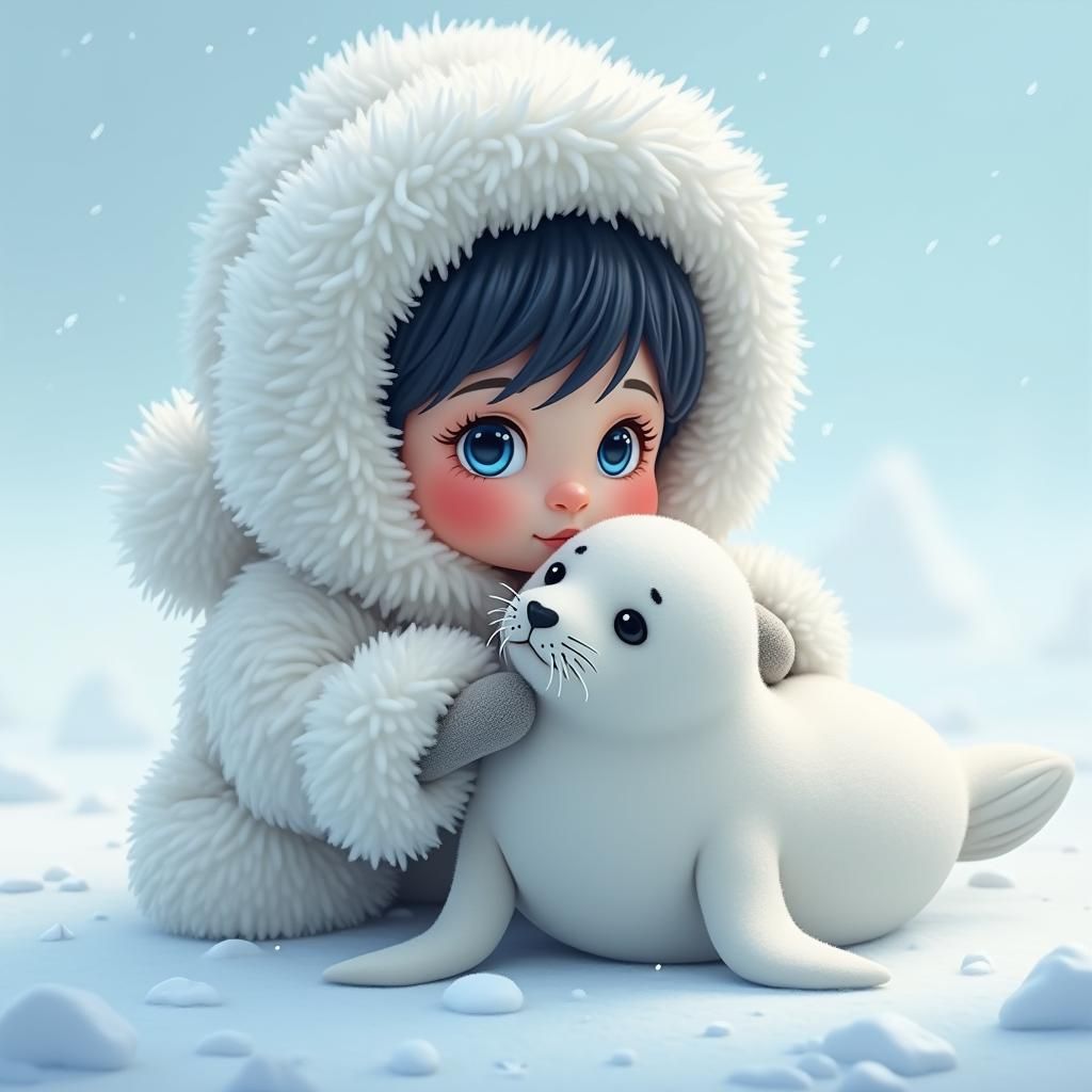 Eskimo Boy with Seal in Snowy Landscape