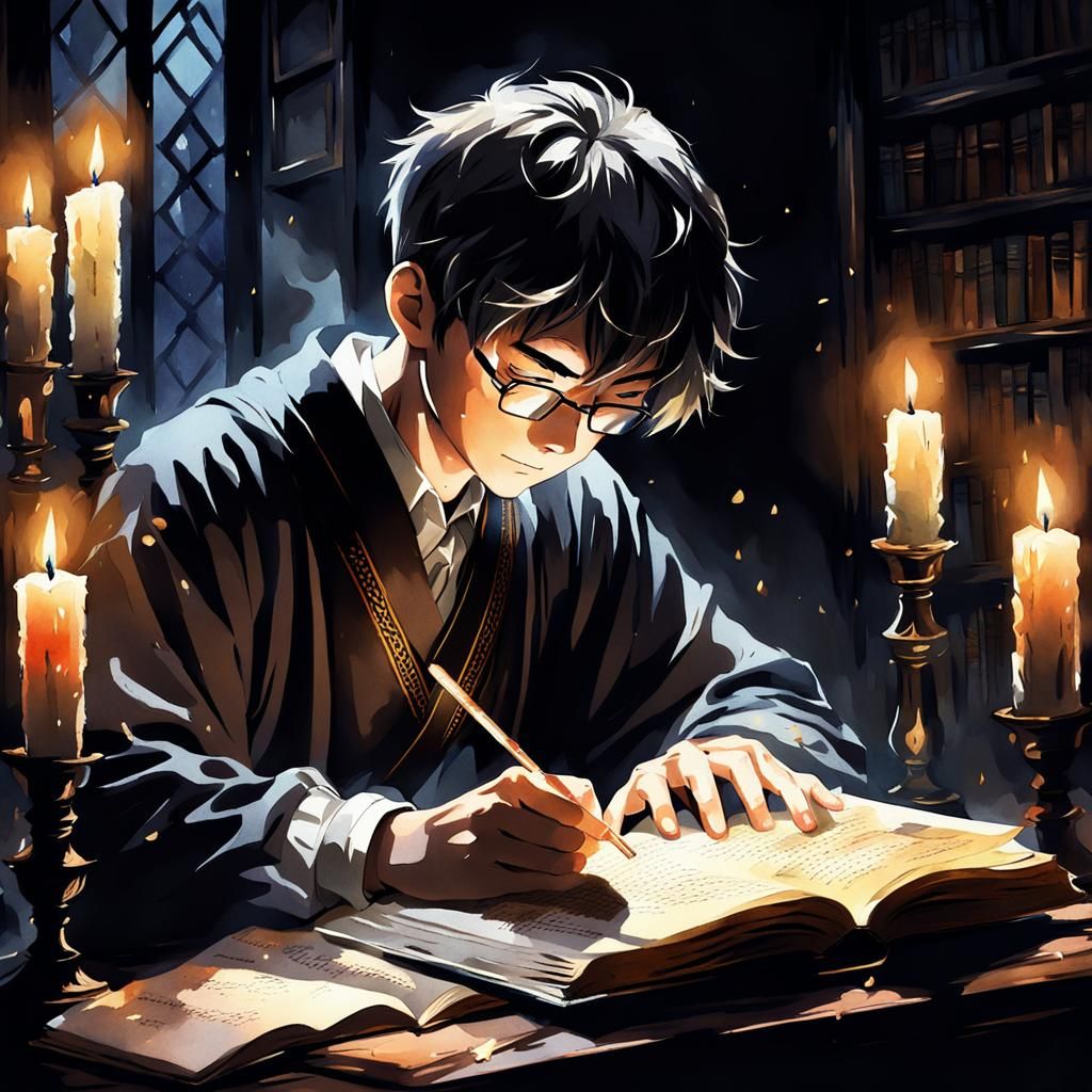 Intent Boy Scholar Reading Book in Watercolor Anime Style