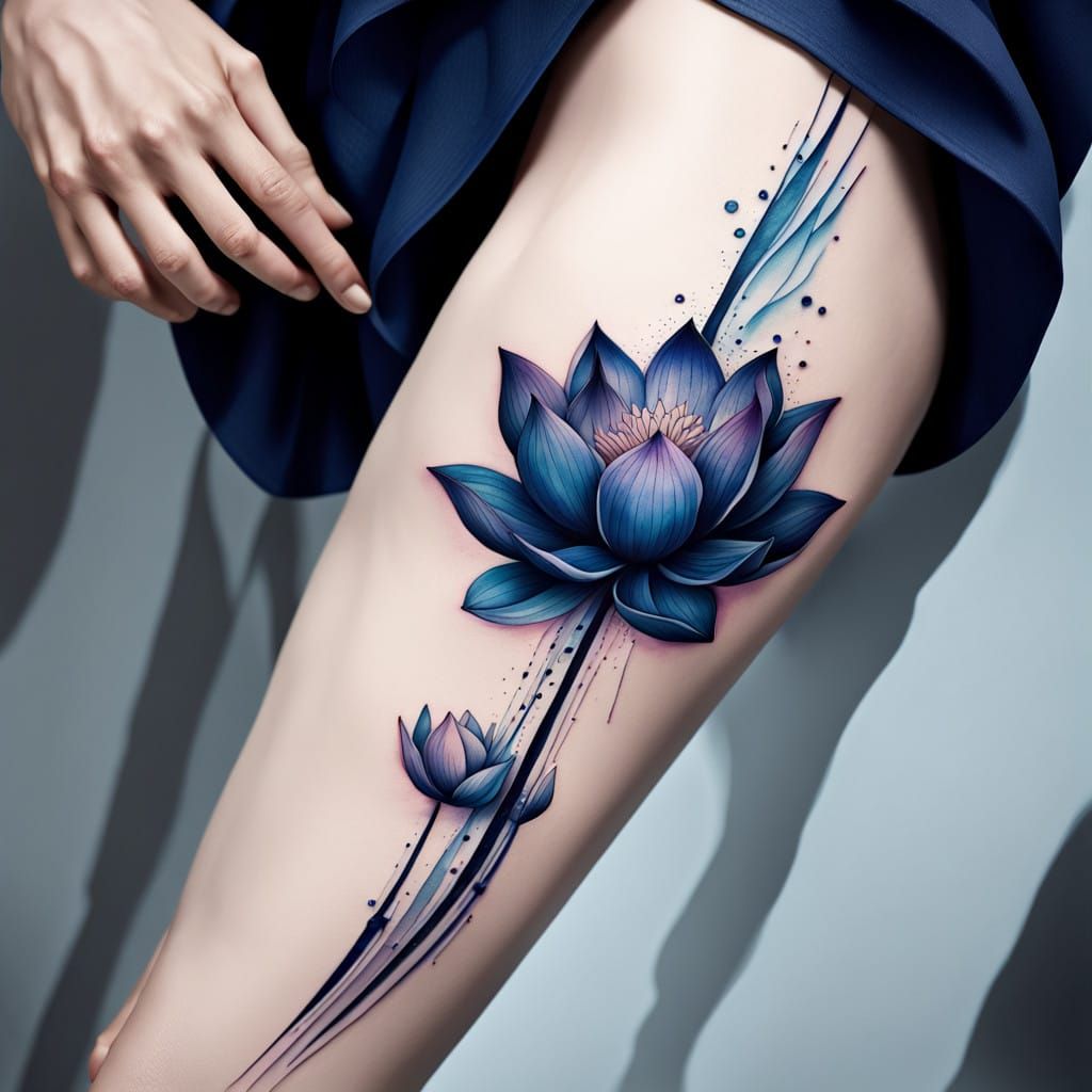 Lotus Flower Tattoo in Dark Blues and Purples with Abstract...