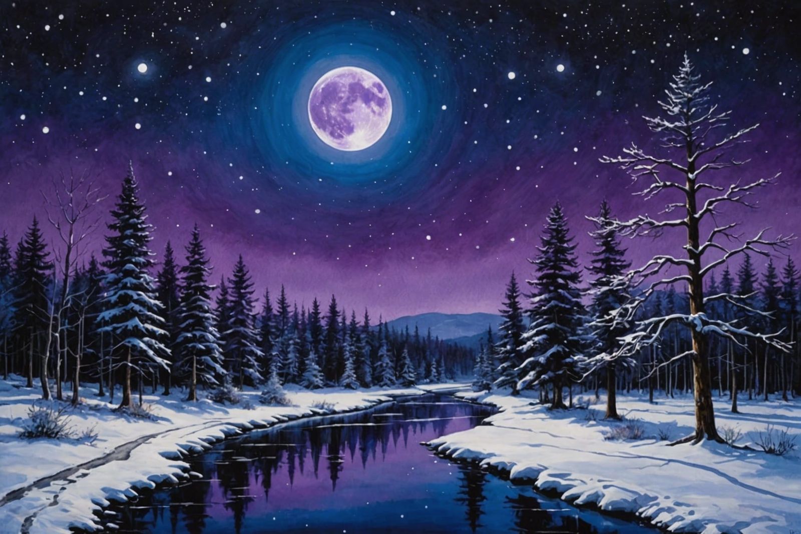 Purple Moon Over Winter Creek: Graffiti Art Illustration
