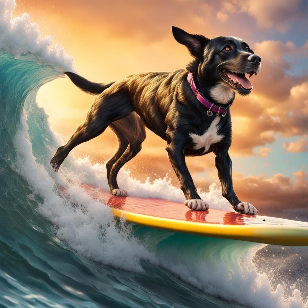 Dog Surfing a Big Wave in Splash Art Style