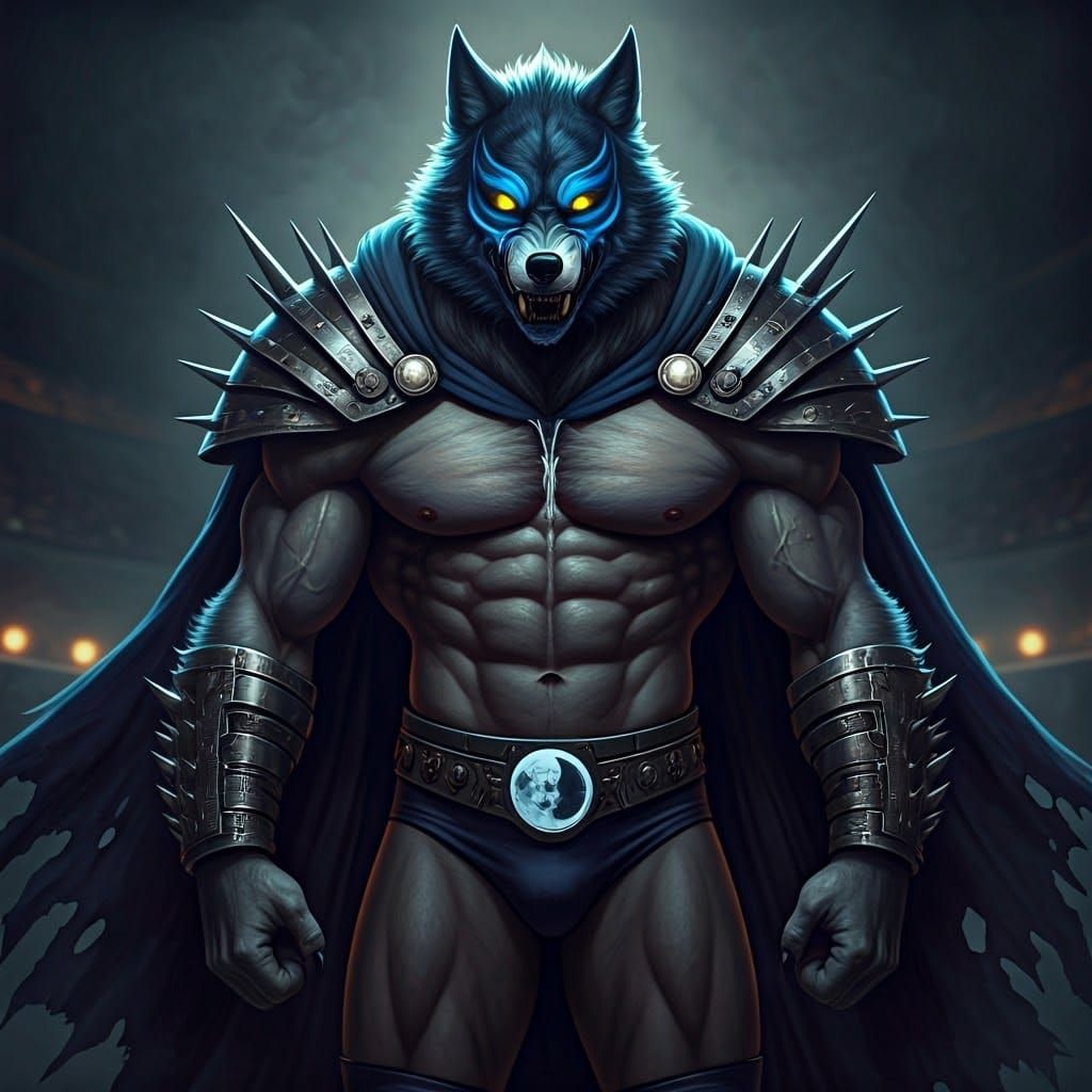 Muscular Werewolf Wrestler in Neon-Lit Arena