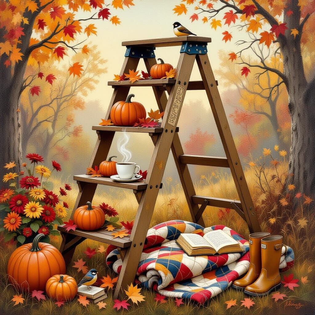 Autumn Ladder Oil Painting with Cozy Details