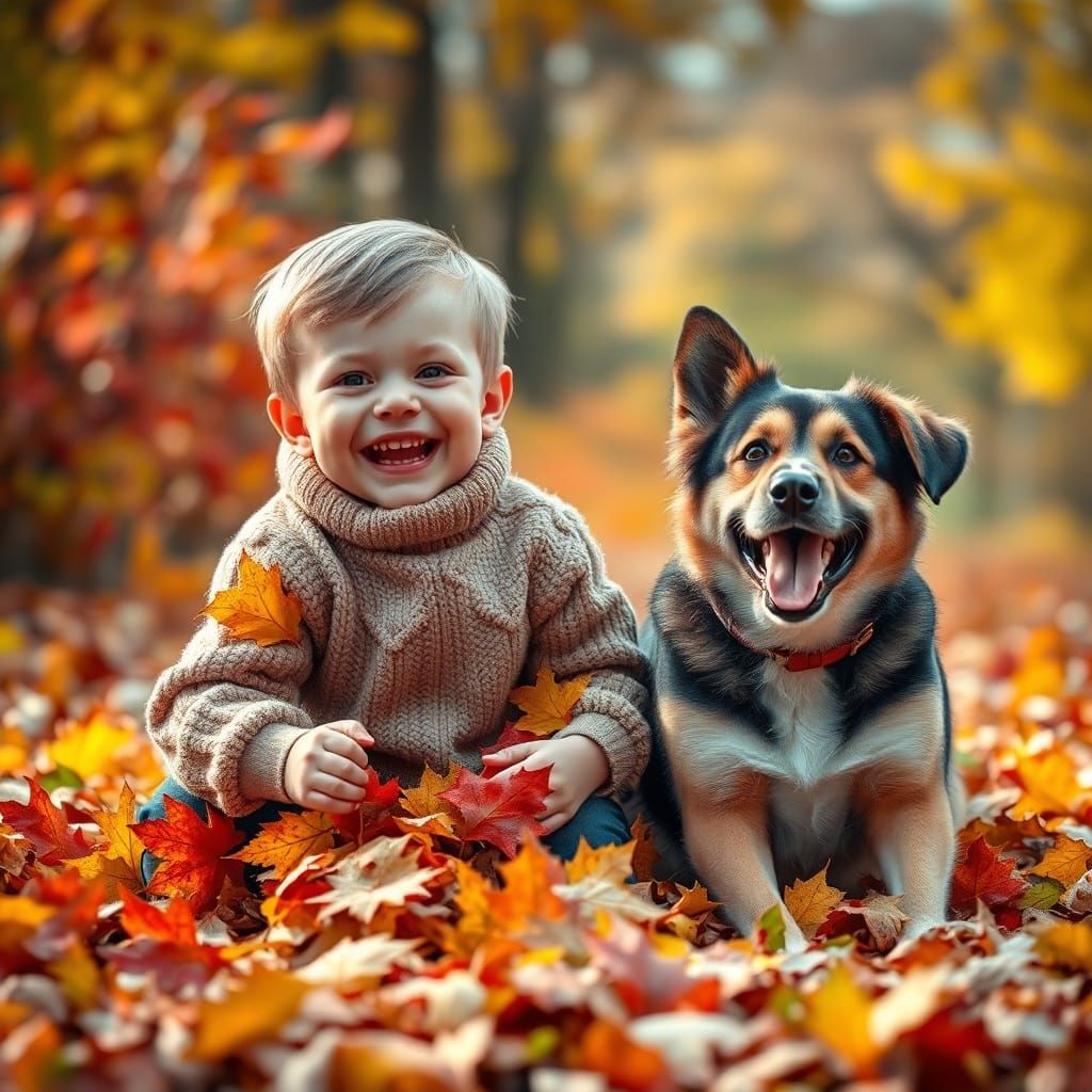 A joyful boy in a cozy sweater plays with vibrant autumn lea...