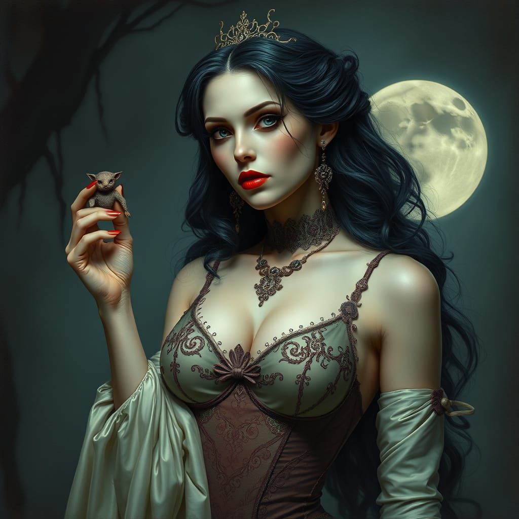 A beautiful Vampire Queen-witch with enchanted  midget in he...