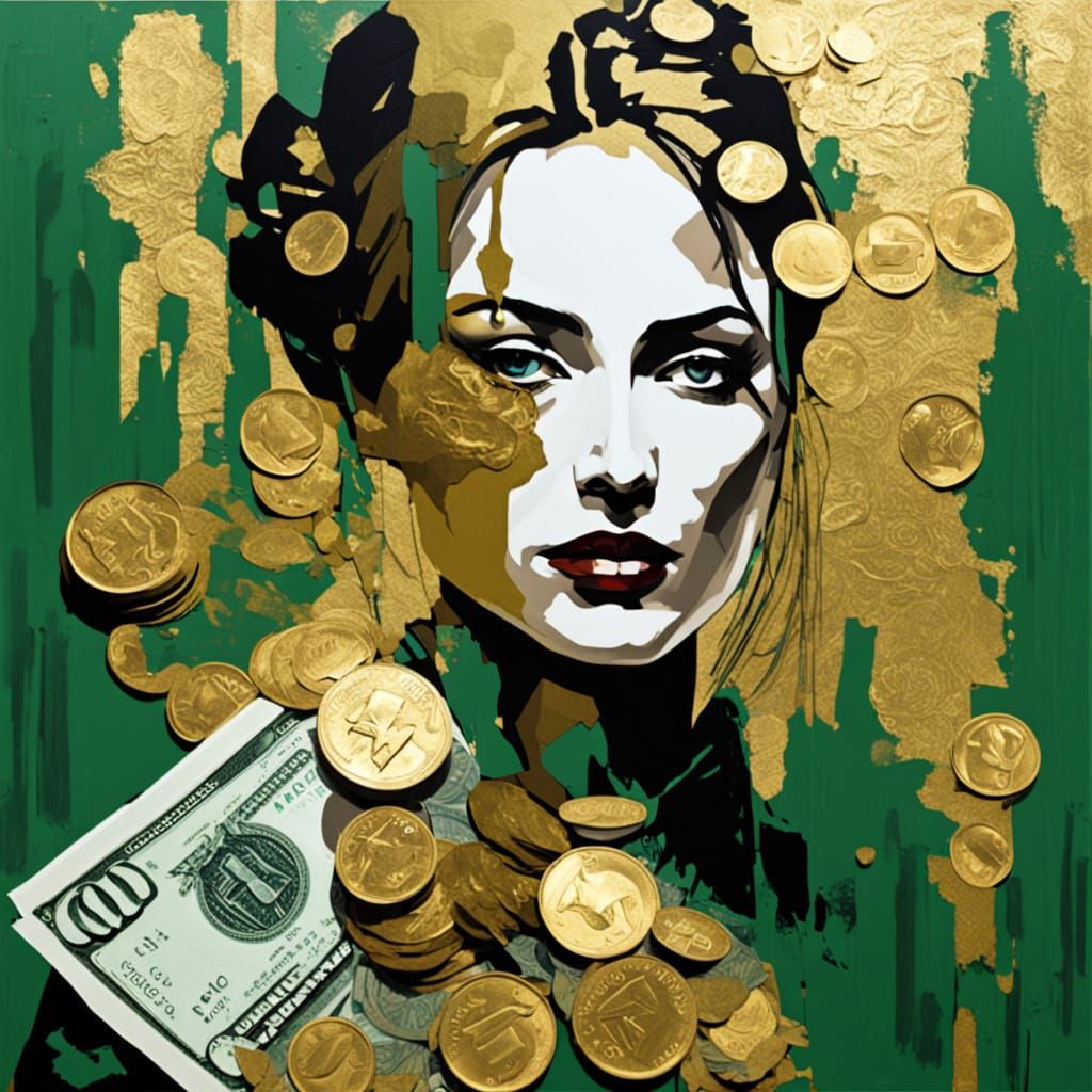 Material Girl's Desire for Wealth in Opulent Oil Painting