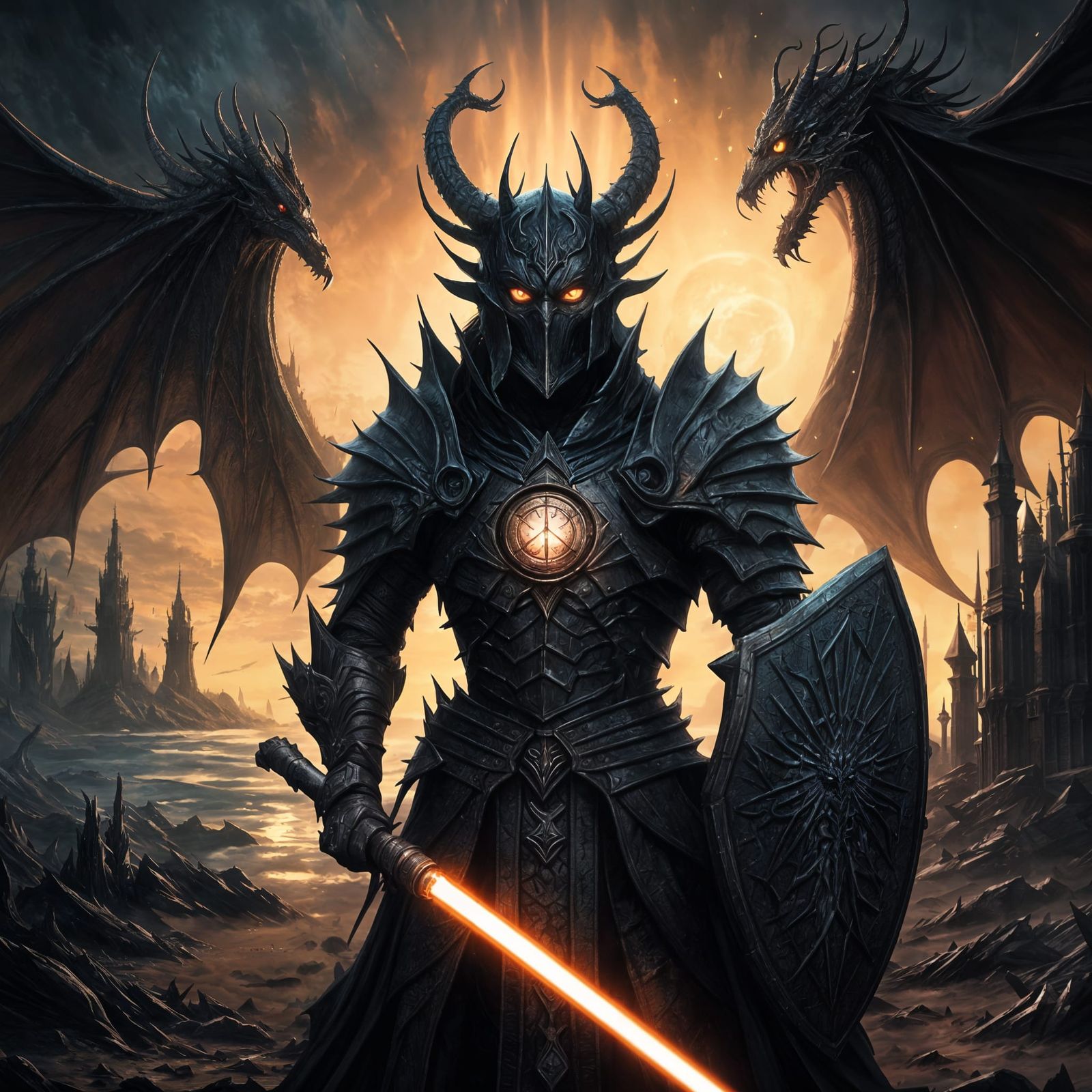 Elegant Dragon-Horned Warrior Rises Above Gothic City