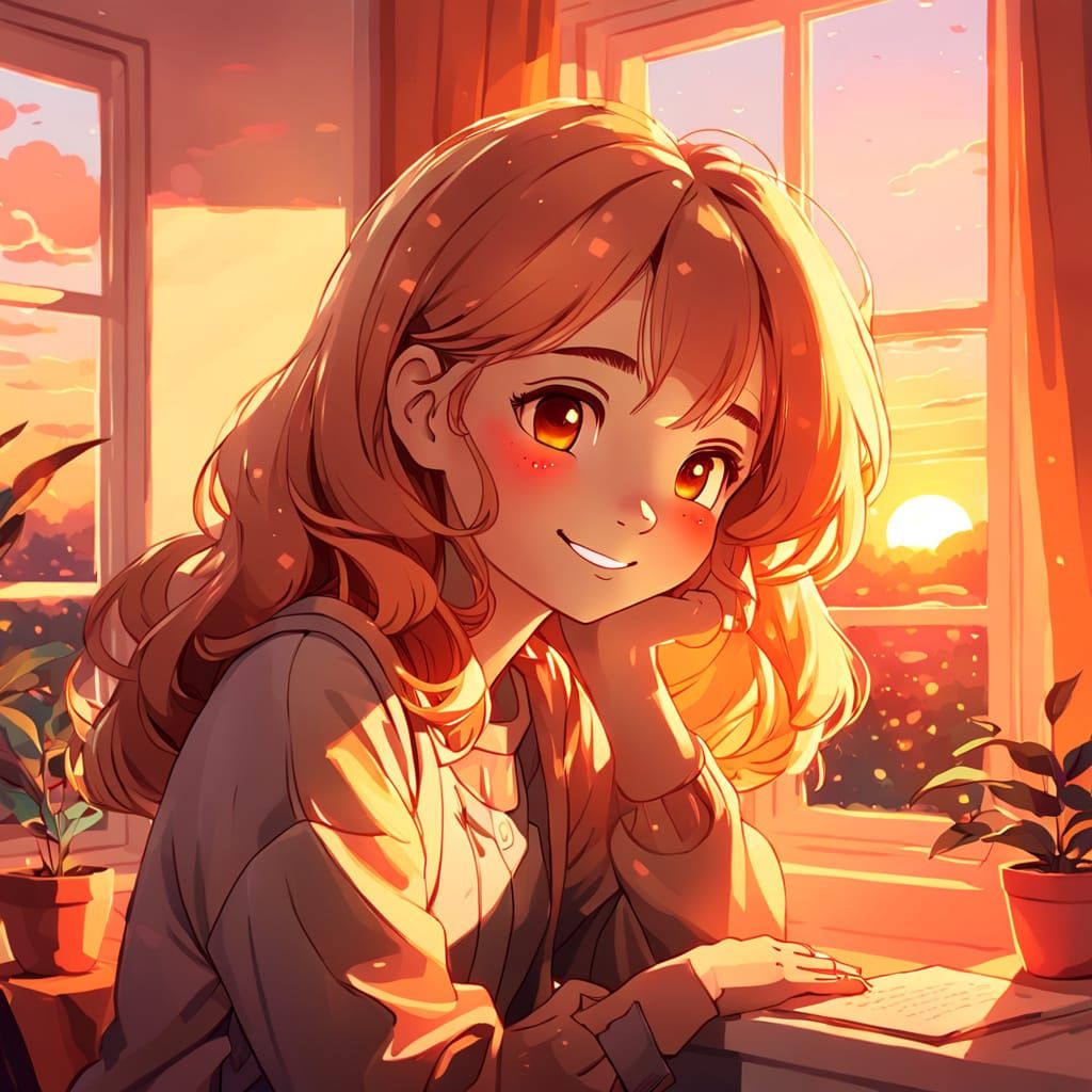 Lofi Girl Smiling at Sunset: Whimsical Digital Art