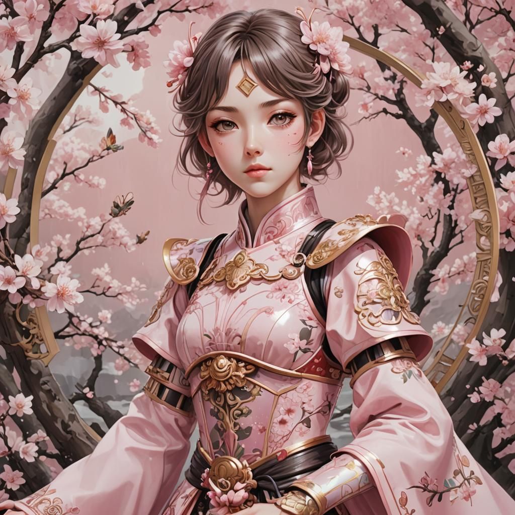 French Anime Character in Pink Armor with Fan