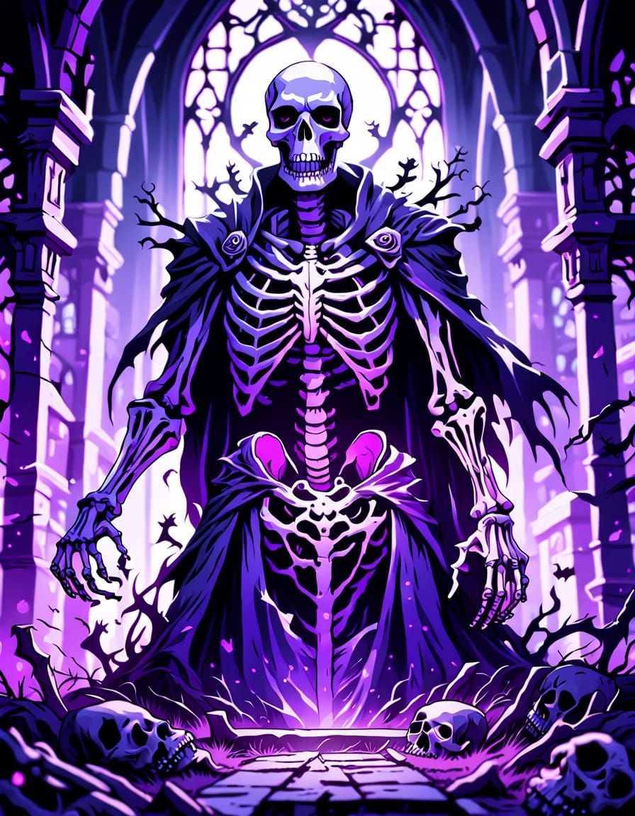 Purple Skeleton Rises from Graveyard in Vibrant Digital Art