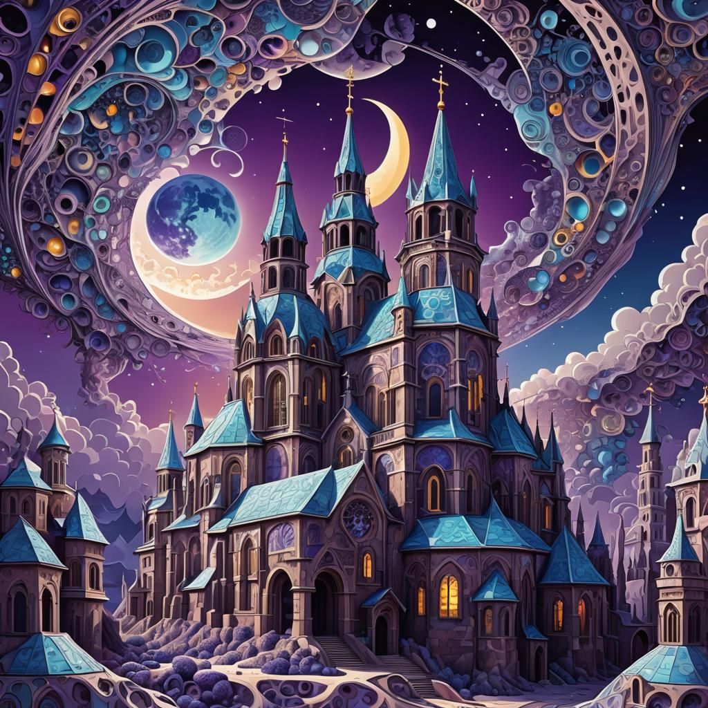 Surreal Church on the Moon in Expressionist Style