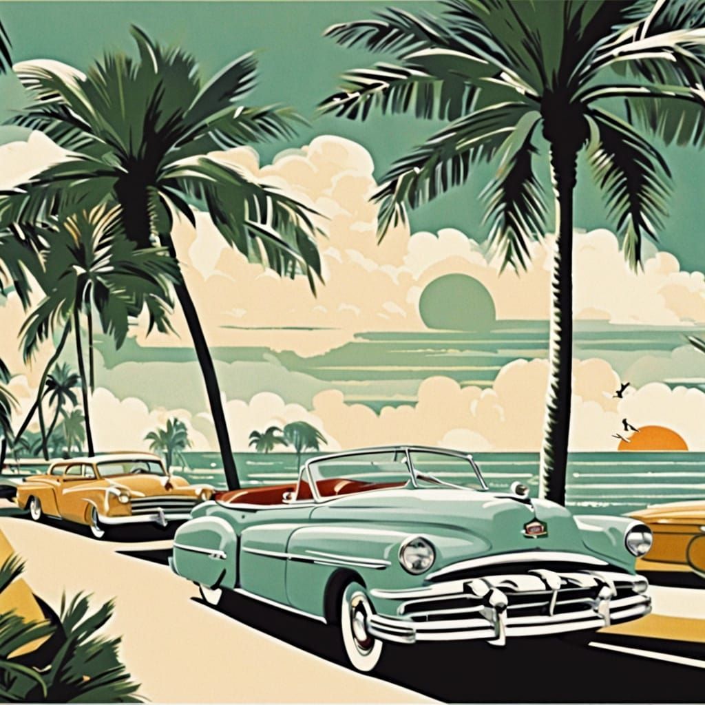 Miami Beach Art Deco Postcard in 50s Style