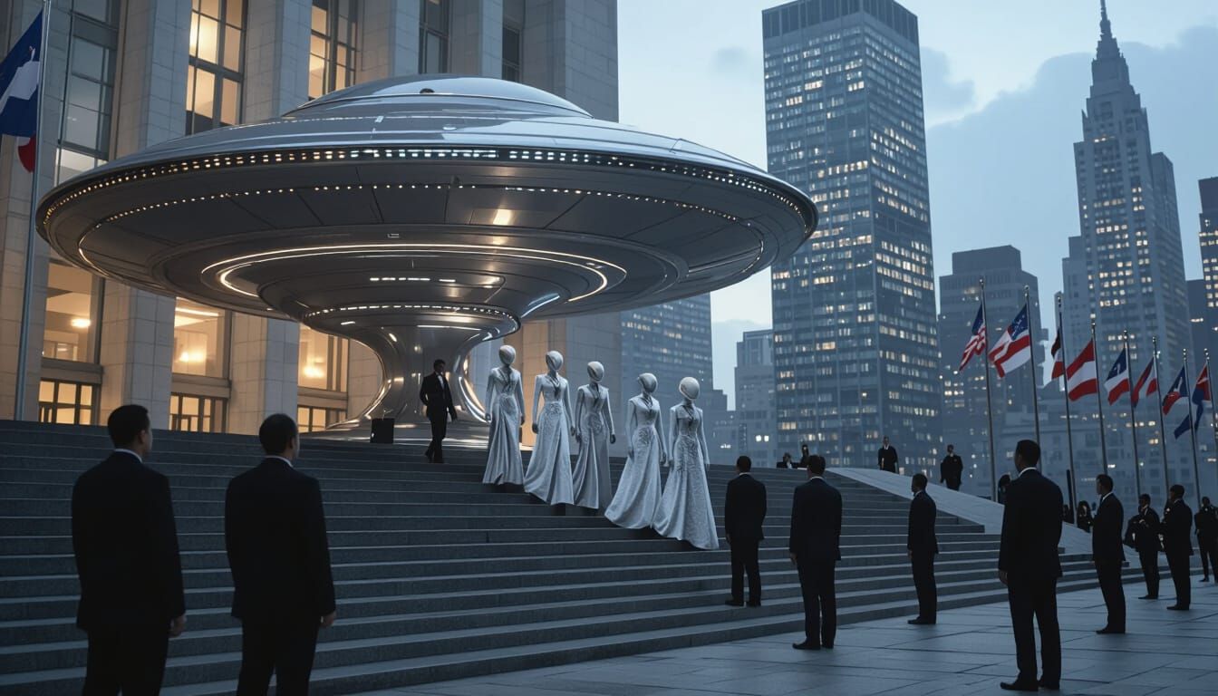 Alien Delegation Arrives at United Nations in Futuristic Sty...