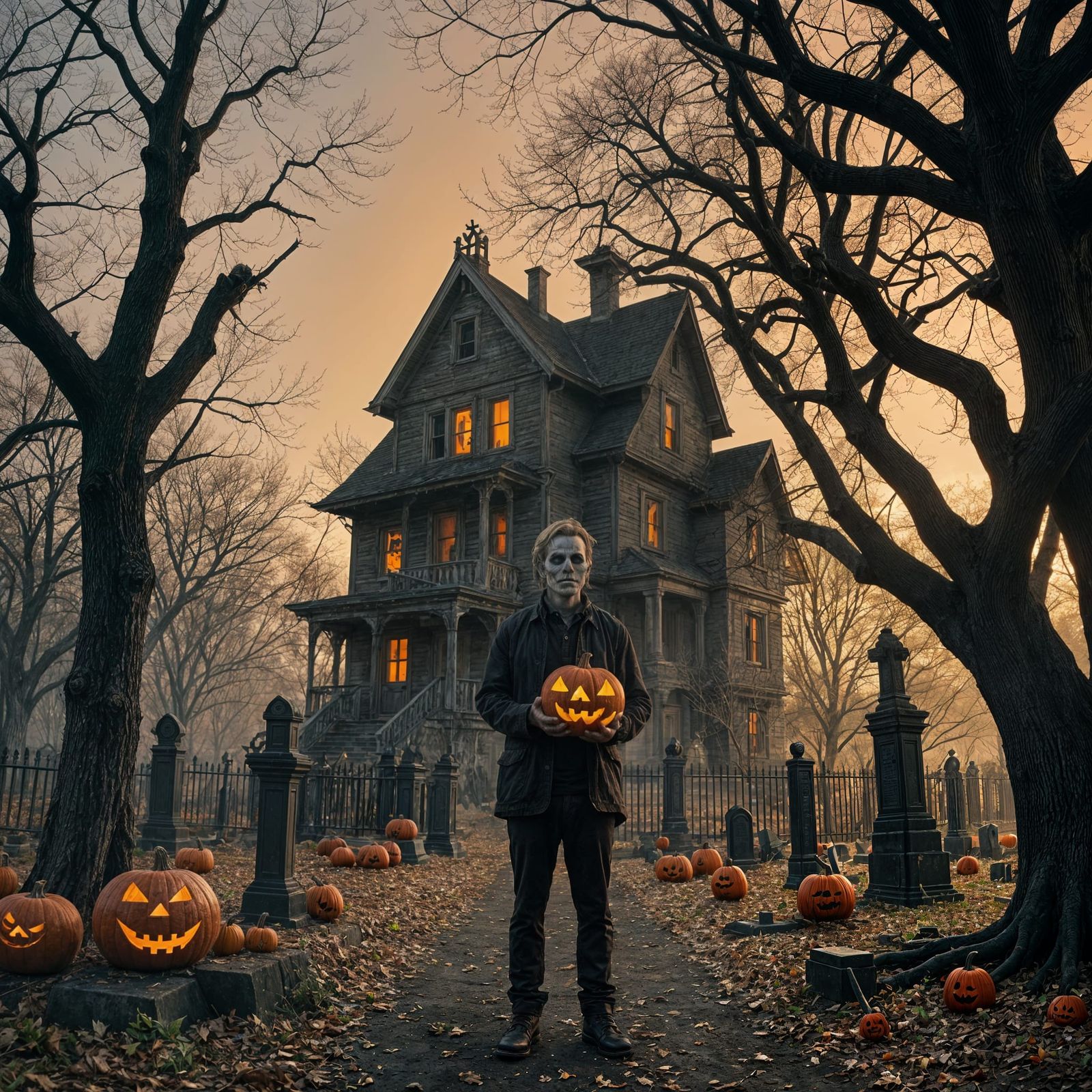 Eerie Graveyard House with Jack-o'-Lantern Man