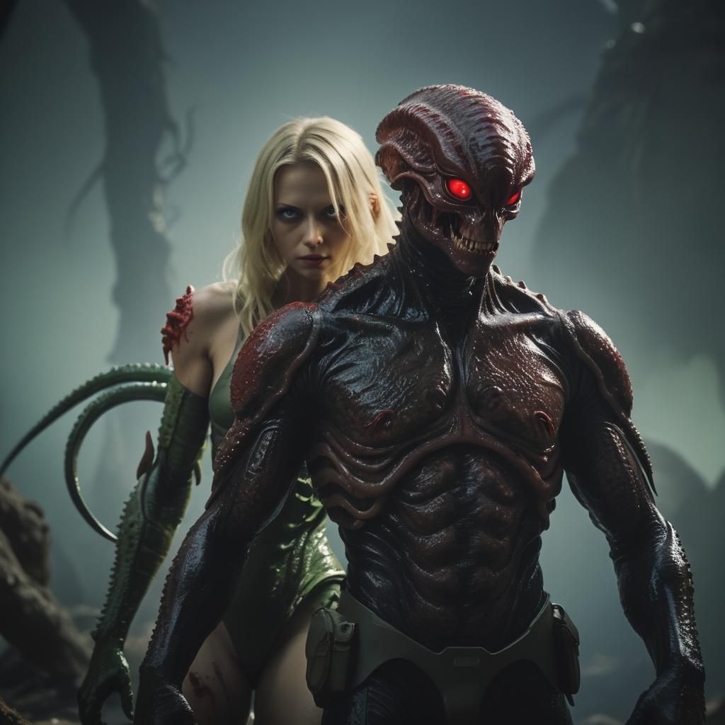 Red-Eyed Alien Beside Blonde Commander: Cinematic Film Still
