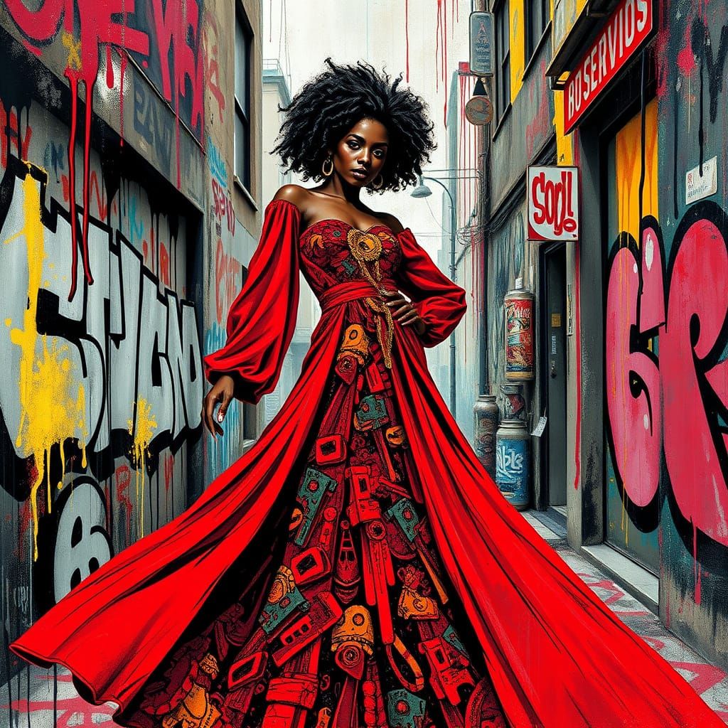Confident Black Woman in Bold, Abstract Urban Landscape