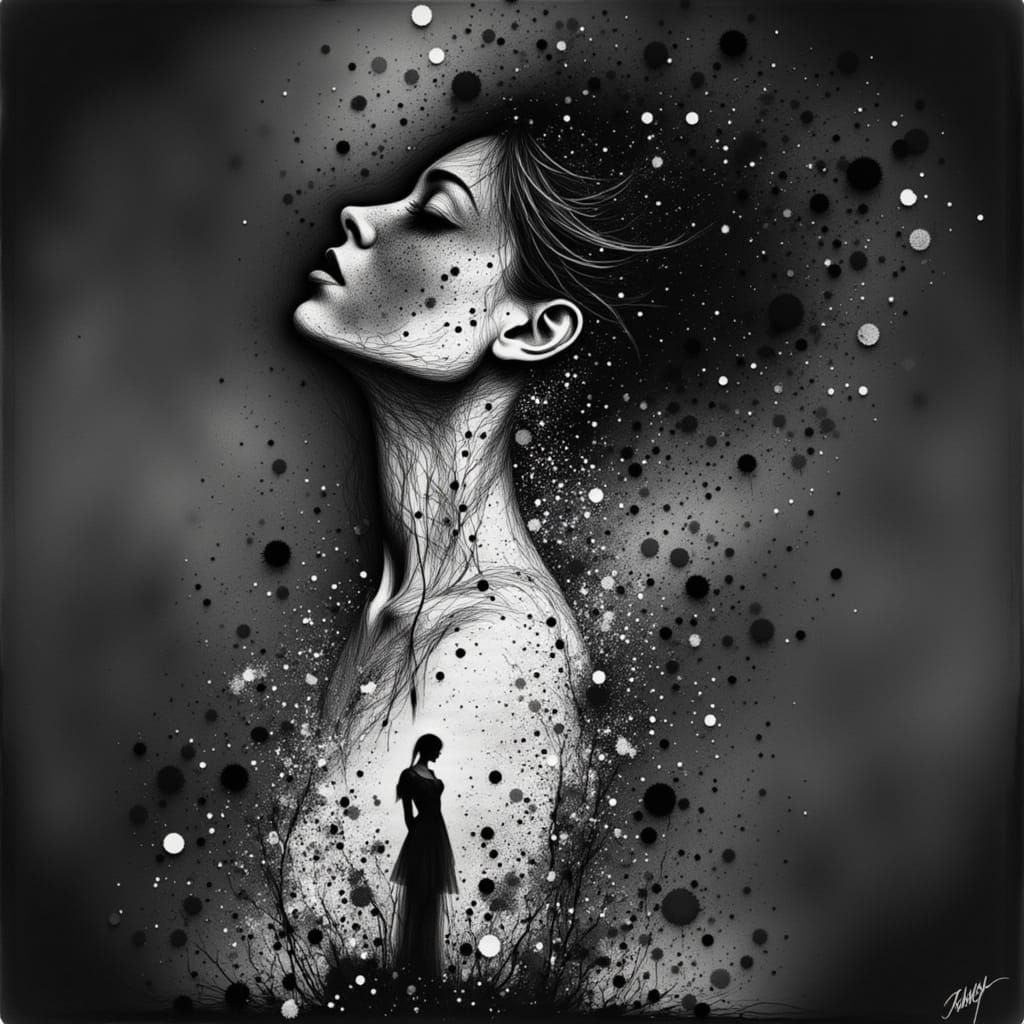 Atmospheric Charcoal Drawing of a Woman in Disintegration