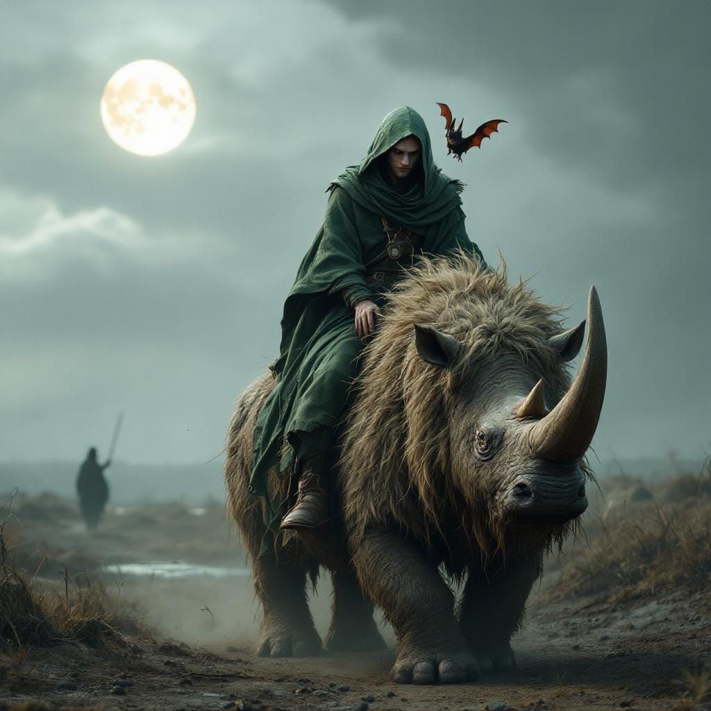 Wizard Rides Rhinoceros in Cinematic CGI Scene