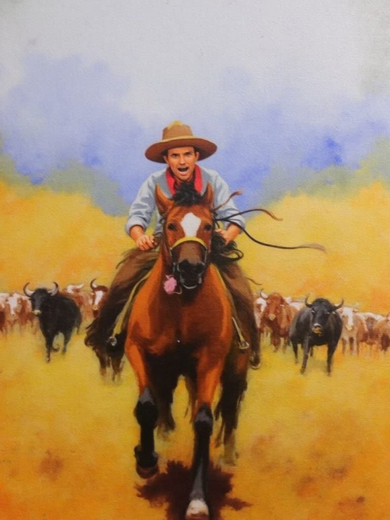 Panicked Cowboy Pursued by Cattle: Watercolor Illustration