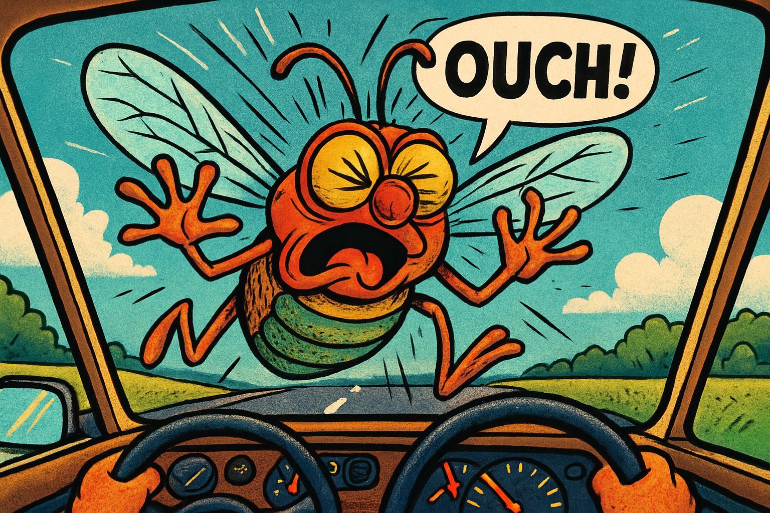 Retro Cartoon Bug Hits Windshield